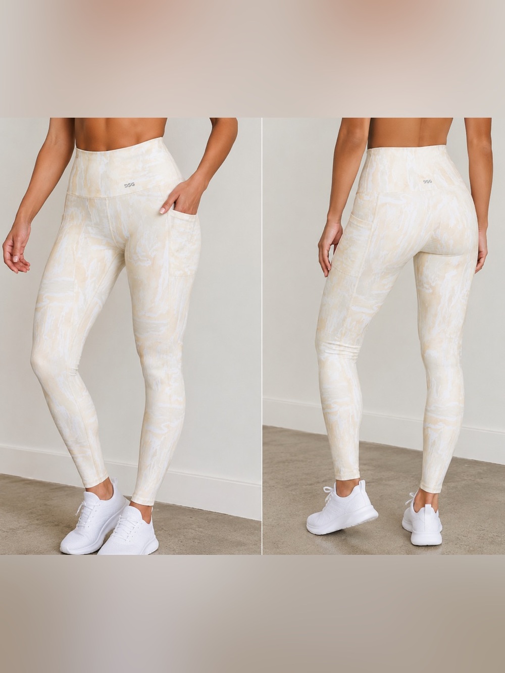 DSG Women High Rise Leggings Medium Beige Marble Print Activewear Yoga